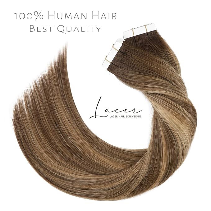 Lacer Human Hair Extensions Tape in 14 Inch Chocolate Brown to Dark Caramel Blonde Silky Straight Adhesive Soft Glue in Brazilian Hair Extensions 20 Pcs 50 Grams