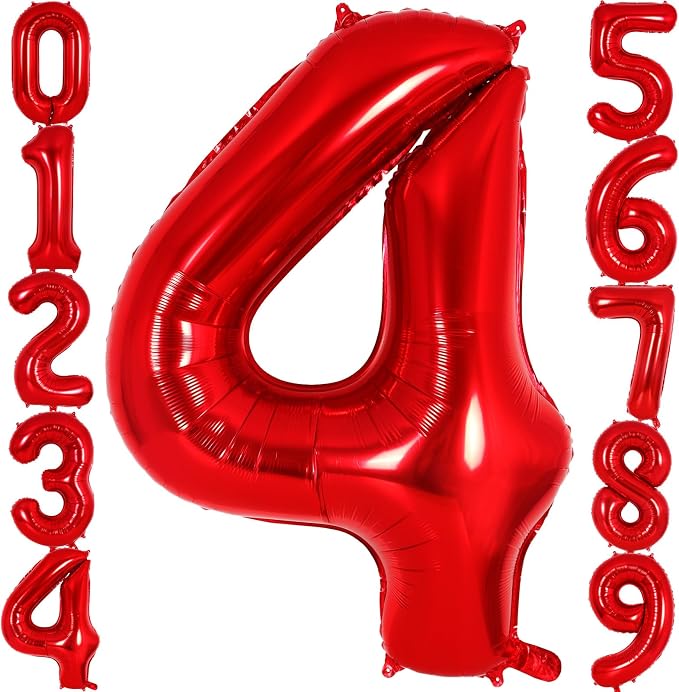 Red Number 4 Balloon 40 Inch, Big Large Foil Helium Number Balloons, Jumbo by AIQINHU