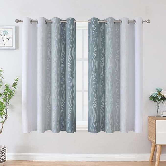 Stone Blue and Greyish White Blackout Curtains 45 Inch Length 2 Panels - Image 2