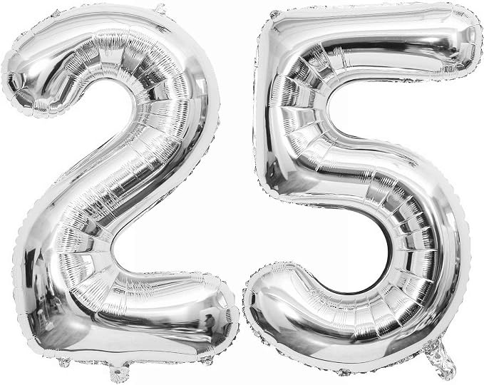 Silver 25 Number Balloons, 40 Inch Giant Number 25 Balloons Foil Mylar Helium by Lovoir