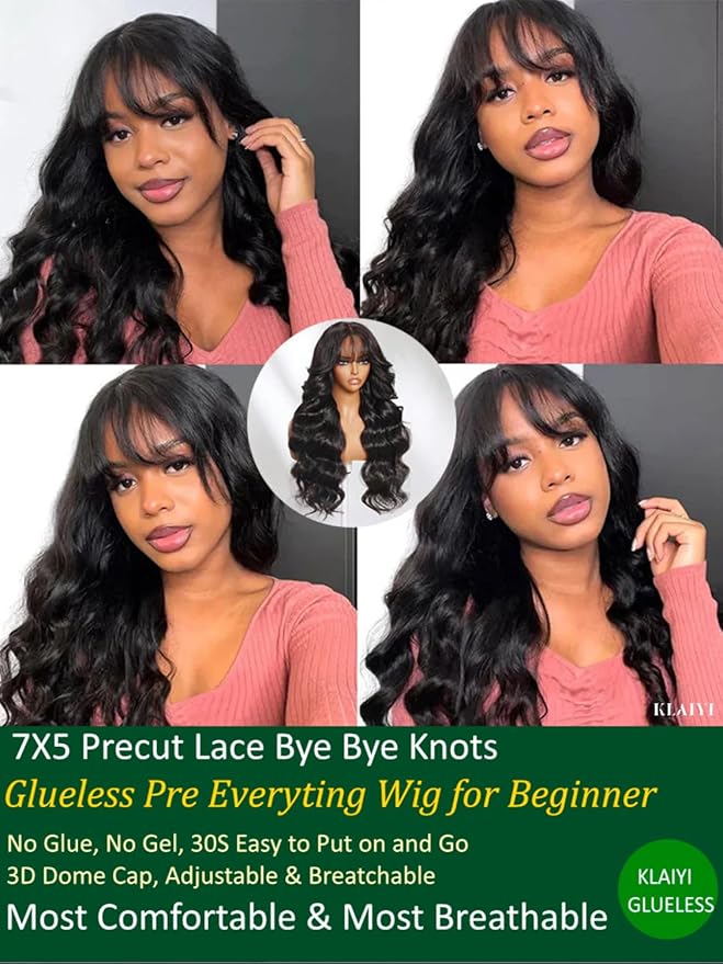 KLAIYI Fluffy Body Wave Curtain Bang Wig Bye Bye Knots Glueless Pre Cut 7x5 Lace Front Wigs Human Hair Loose Wave Pre Bleached Pre Plucked Pre Everything 3S Easy to Wear and Go Wig 180% Density 28Inch