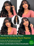 KLAIYI Fluffy Body Wave Curtain Bang Wig Bye Bye Knots Glueless Pre Cut 7x5 Lace Front Wigs Human Hair Loose Wave Pre Bleached Pre Plucked Pre Everything 3S Easy to Wear and Go Wig 180% Density 18Inch