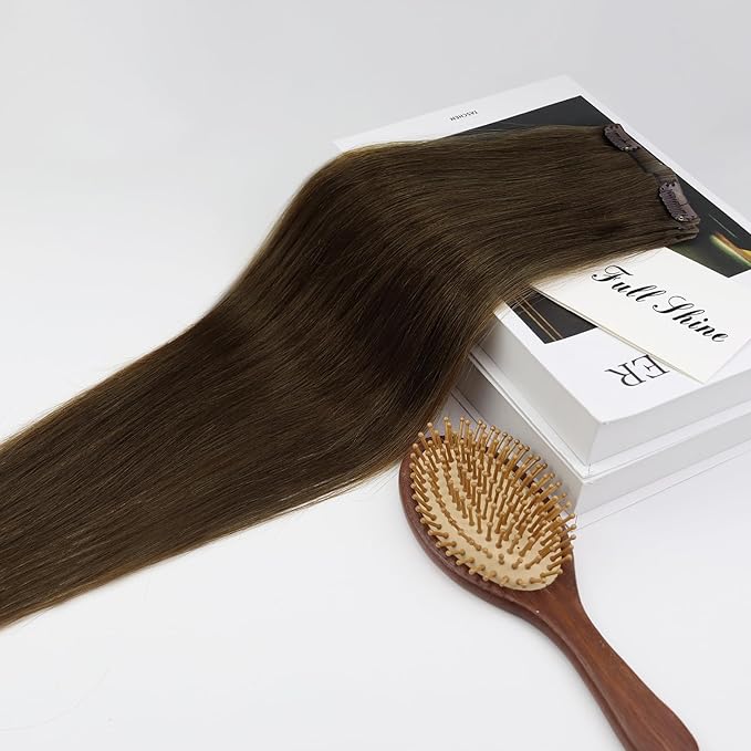 Full Shine Dark Brown Clip in Hair Extensions Real Human Hair 16 Inch Clip in Human Hair Extensions Lace Base Hair Extensions Color 2 Dark Brown Clip in Hair for Women 3 Pcs 60Grams
