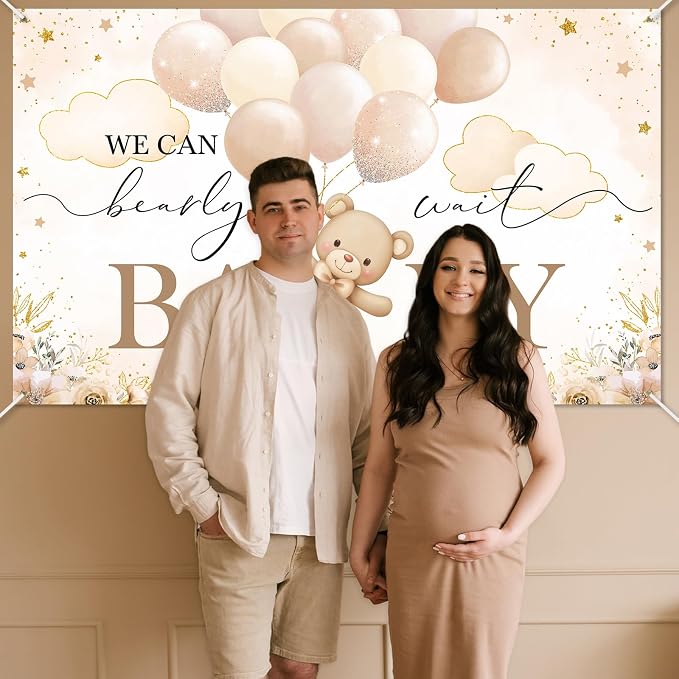Mocsicka We Can Bearly Wait Backdrop Banner Brown Bear Baby Shower Banner Bear - Image 7