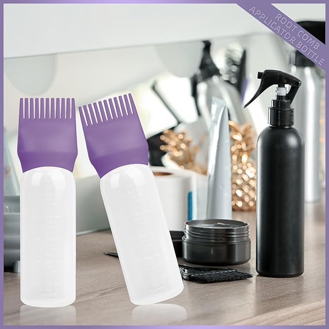 BLAAROOM Root Comb Applicator Bottle 6 Ounce, 4 Pack Hair Oil Applicator with Root Comb Brush - Dark Purple