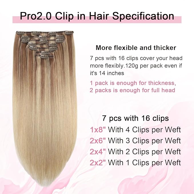 Pro2.0 Clip in Hair Extensions Real Human Hair 120g Thick 7pcs Color #10/16/16 Ash Brown to Caramel Blonde Remy Real Human Hair Extensions Clip ins 14inch Double Weft（#10/16/16-14inch）
