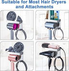 Hair Dryer Holder Wall Mounted, Stainless Steel Blow Dryer Holder for Attachments Storage, Hair Tool Organizer with Plug&Cord Hook, Adhesive Hairdryer Hanger for Bathroom, Silver