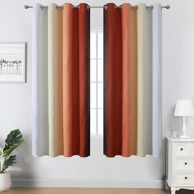 Burnt Orange and Greyish White Blackout Ombre Curtains - Image 2
