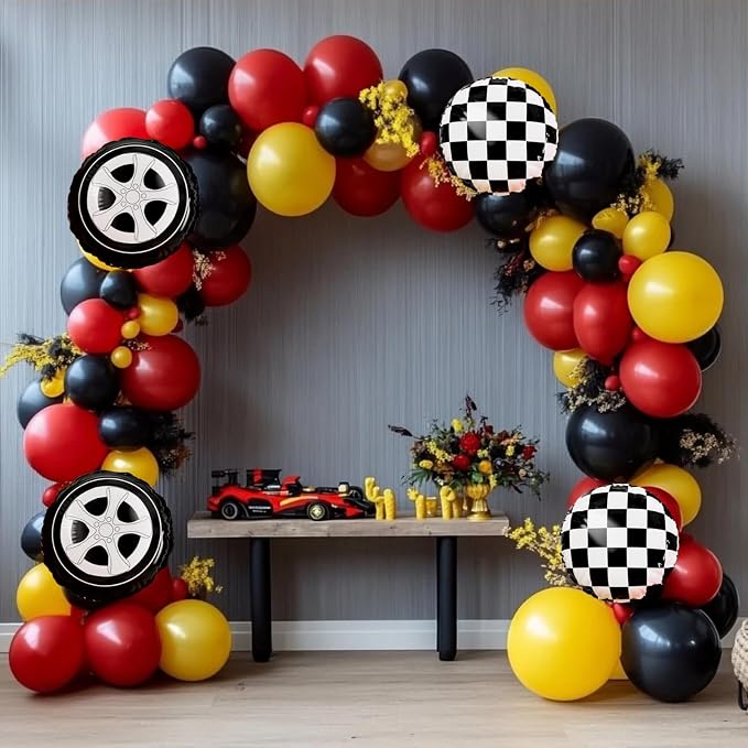 Race Car Balloon Garland Arch Kit 157Pcs Red Black Yellow Checkered Wheel - Image 6