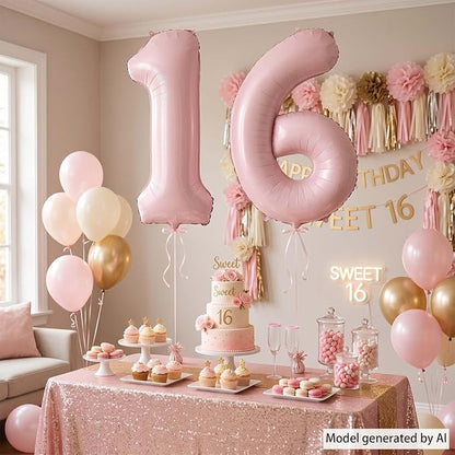 Blush Pink Number 16 Balloon 40 Inch, Foil Digits Theme Party Supplies | Matte - Image 7