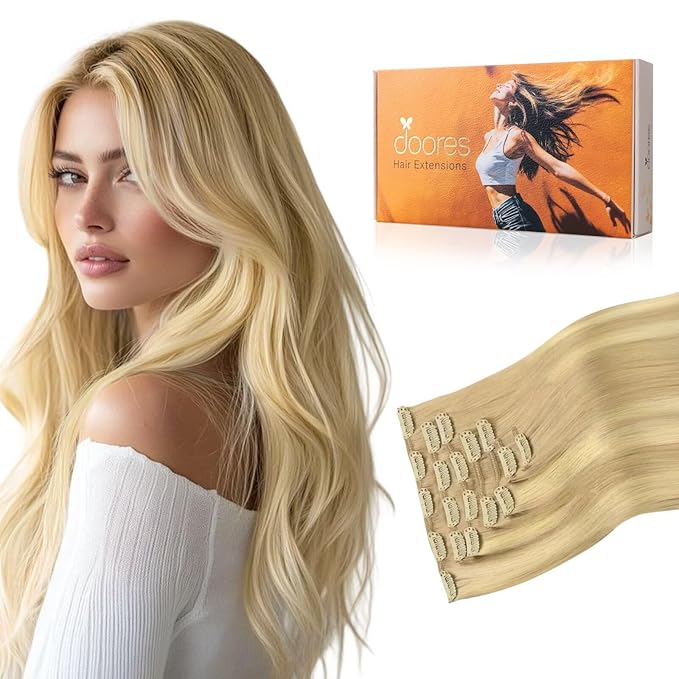 DOORES Human Hair Extensions Clip in, Dirty Blonde Mixed Platinum Blonde 120g 7pcs 16 Inch, Remy Straight Natural Hair Extensions