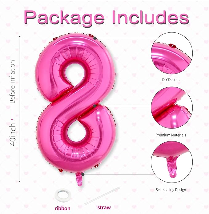 40 Inch Hot Pink Number 8 Balloon, Giant Number Balloons, Birthday Decor | - Image 3
