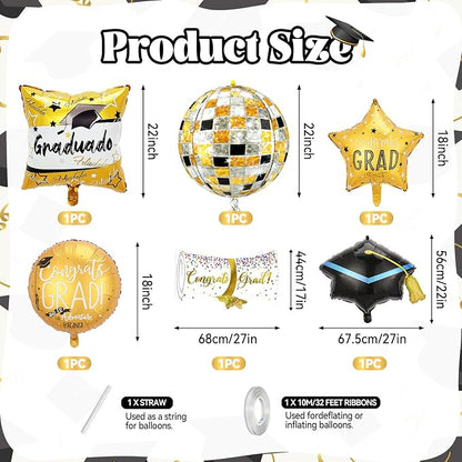 6PCS Graduation Foil Balloons, Large Congrats Grad Cap Balloon Set, - Image 2