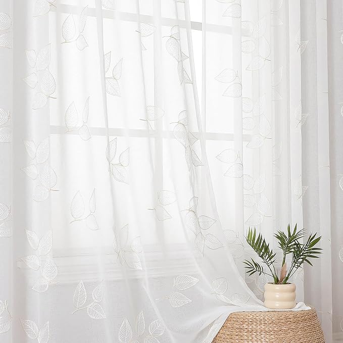 Beige Sheer Curtains Leaf Embroidered 84 Inches Long 2 Panels | Light Filtering - Image 5