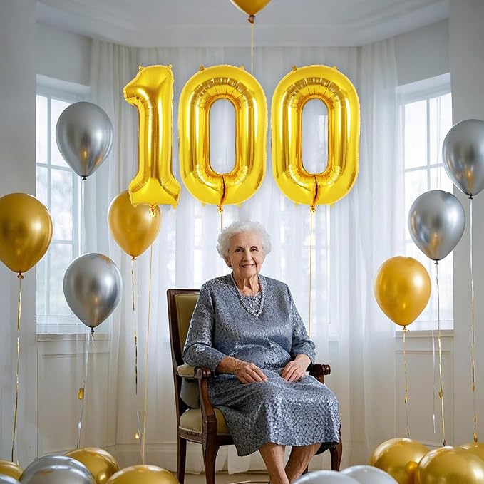 Gold Number 100 Balloon, 40 Inch Foil Helium Number Balloons, 100th Birthday - Image 4