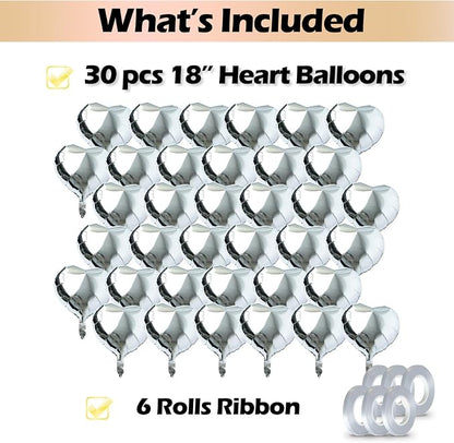 30 Pcs 18 Inch Silver Heart Foil Mylar Helium Balloons - Image 2