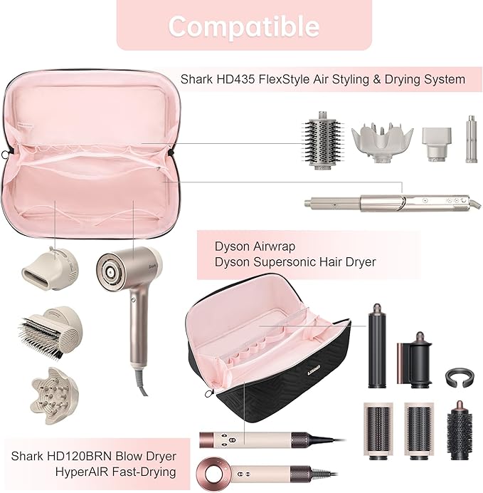Leudes Hair Tools Travel Bag For Dy son Airwrap Hair Dryer Shark Flex Style Carrying Case Travel Makeup Bag Portable Pouch Open Flat Packing Organizers with Divider and Handle (Black)