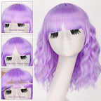 AISI HAIR Light Purple Synthetic Wavy Curly Bob Wig with Bangs Short Wavy Hair for Women Synthetic Heat Resistant Bob Wigs