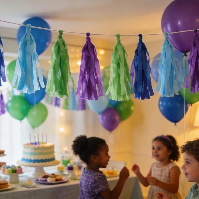 We Moment Blue Green Purple Tissue Paper Tassels Party Tassel Garland Banner - Image 4