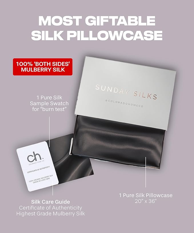 SUNDAYSILKS™ Premium Silk Pillow Cases | 100% Mulberry Silk Pillowcase with Zipper, All Sides Real 22 Momme Grade 6A Silk, Standard Queen, King Size [Midnight Black]