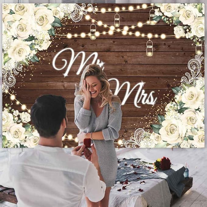 8x6ft Floral Mr and Mrs Engagement Decorations Backdrop White Flowers Wooden - Image 3