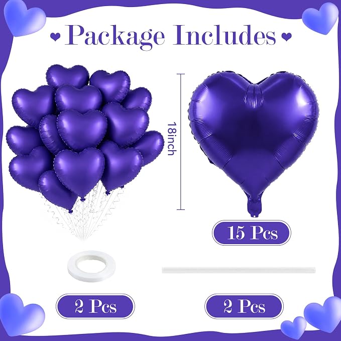 TONIFUL 15 Pack 18 Inch Matte Purple Heart Foil Balloons – Purple Mylar Heart - Image 2