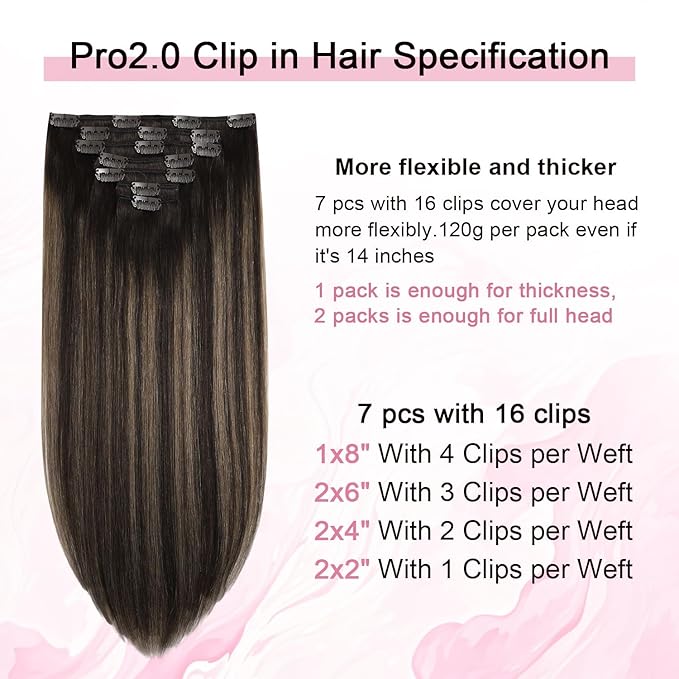 Pro2.0 Clip in Hair Extensions Real Human Hair 20inch 7pcs #2/6/2 Balayage Dark Brown to Chestnut Brown Remy Real Human Hair Extensions Clip ins 120g Thick Double Weft（#2/6/2-20inch）