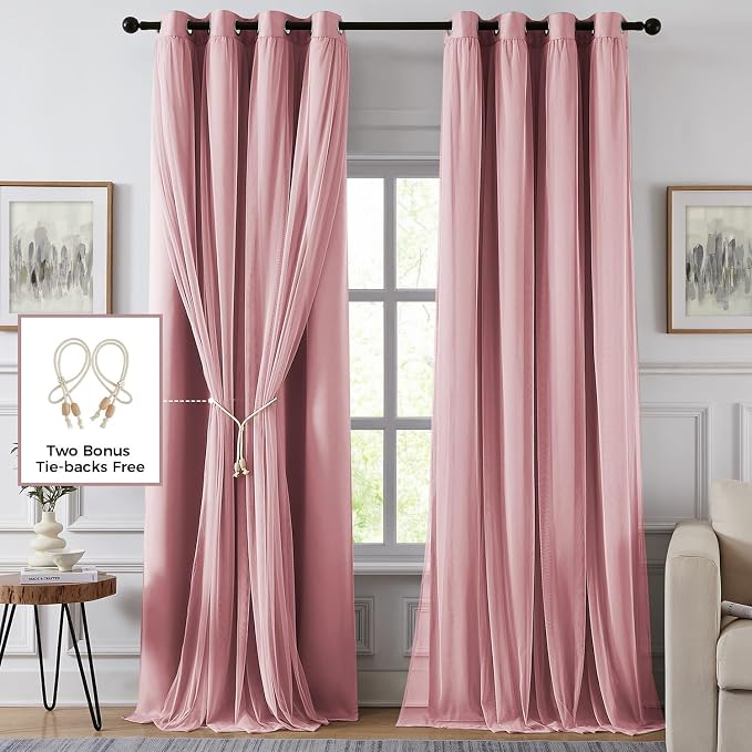 100% Blackout Curtains for Bedroom, Double Layer Pink Curtains, Room Darkening - Image 2