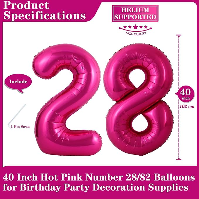 Hot Pink 28 Number Balloons, 40 Inch Giant Number 28 Balloons Foil Mylar Helium - Image 2