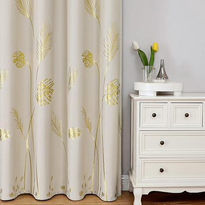 Gold Wheat and Leaf Printed Curtains Light Blocking Curtains Thermal Insulated - Image 2