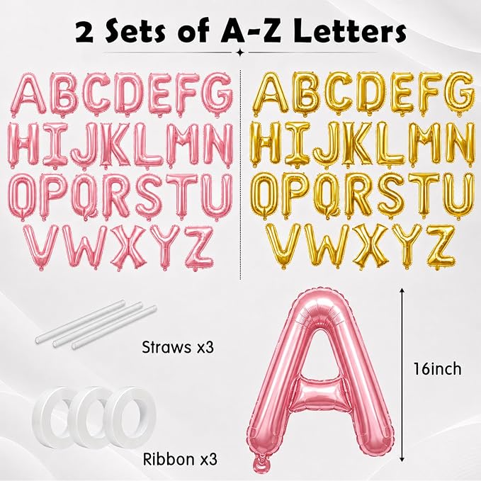 52 Pcs Letter Balloons Pink Gold Balloon Banner 16 Inch 2 Sets A- Z Alphabet - Image 2