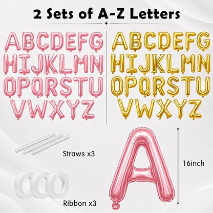 52 Pcs Letter Balloons Pink Gold Balloon Banner 16 Inch 2 Sets A- Z Alphabet - Image 2