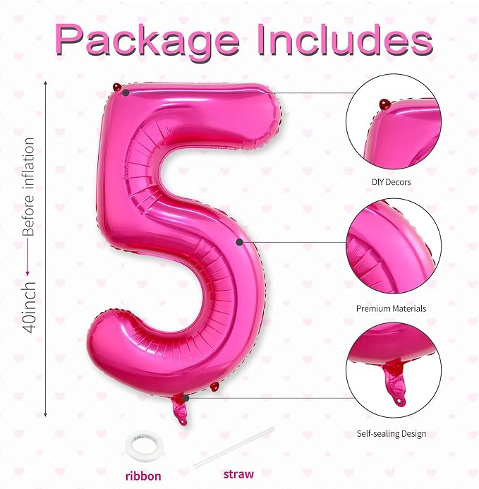 40 Inch Hot Pink Number 5 Balloon, Giant Number Balloons, Birthday Decor | - Image 3