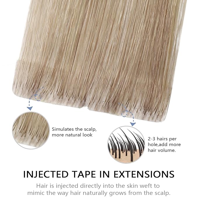 COOKAYU Invisi Edge Tape in Hair Extensions Human Hair, Ash Brown to Platinum Blonde 22Inch 20pcs 50g Straight Remy Seamless Injected Tape in extensions