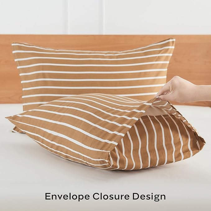 JELLYMONI 100% Natural Cotton Striped King Pillowcases Set, 2 Pack Rust and White Stripes Pattern Printed Pillow Covers with Envelope Closure(Pillows are not Included)
