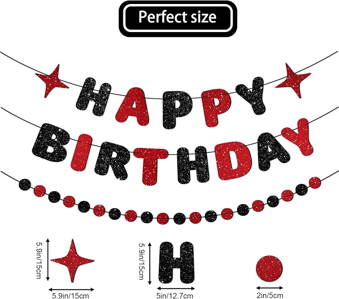 Red and Black Happy Birthday Banner Glitter Garland - Image 2