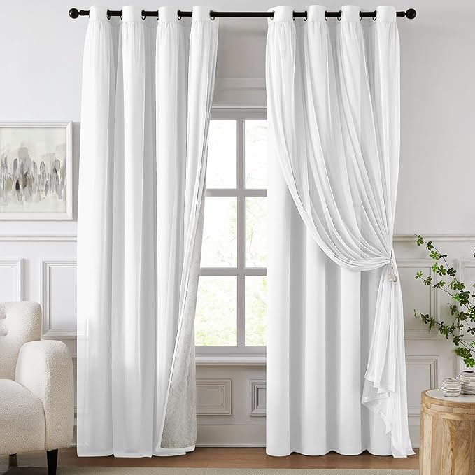 100% Blackout Curtains for Bedroom, Double Layer White Curtains, Room Darkening by Swandream