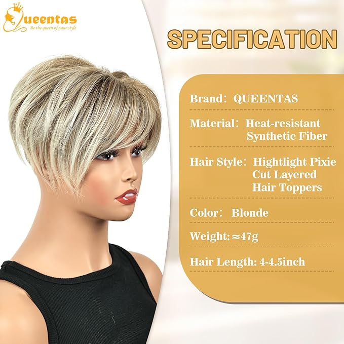 QUEENTAS Blonde Hair Topper for Women with Thinning Hair 6.5"*6"Large Coverage Short Synthetic Pieces with 5 Clips in Wiglets(Ombre Blonde)
