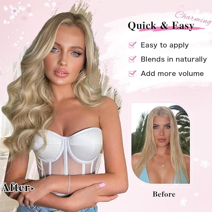 Hair Extensions for Women, 8PCS 16 Inch Ash Blonde Mixed Light Blonde Clip in Hair Extensions Clip Ins, Synthetic Wavy Full Head Thick Hairpieces for Women