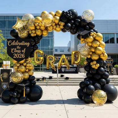 Black and Gold Graduation Balloon Arch Kit, 1 Congrats Star, 8 Gold Confetti - Image 2
