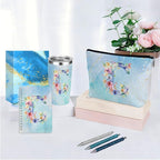 Personalized Gifts Monogrammed Birthday Gifts for Women, Cowerker Wife Sister Wedding Christmas Initial 20 oz Tumbler, Makeup Bag Cup Ballpoint Pens Journal Notebook 6 Set, (Aesthetic Blue Flower C)