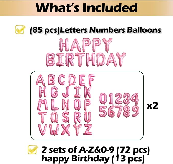 16" Pink Letter Number Balloons, Happy Birthday & 2 Sets of A-Z 0-9, Foil Mylar - Image 3