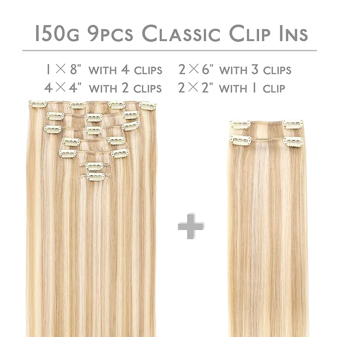WENNALIFE Hair Extensions Clip In, 9pcs 16inch 150g Dirty Blonde Highlighted Bleach Blonde Thicker Clip In Hair Extensions Real Human Hair Remy hair extension Double Weft Clip in Human Hair Extensions