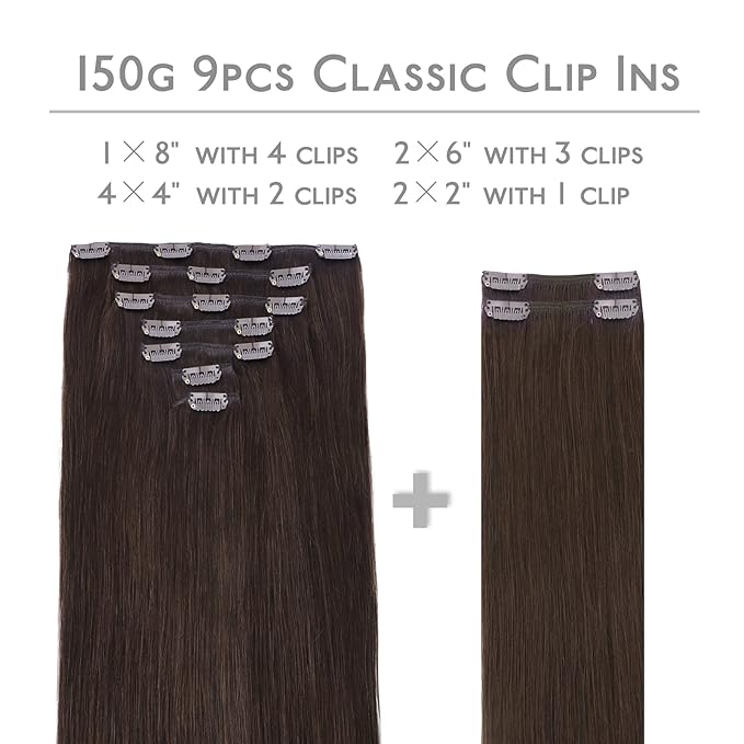 WENNALIFE Clip in Hair Extensions Real Human Hair, 20 Inch 150g 9pcs Human Hair Extensions Clip In Human Hair, Light Dark Brown Hair Extensions Clip In Real Hair Coloured Remy Human Hair Extensions