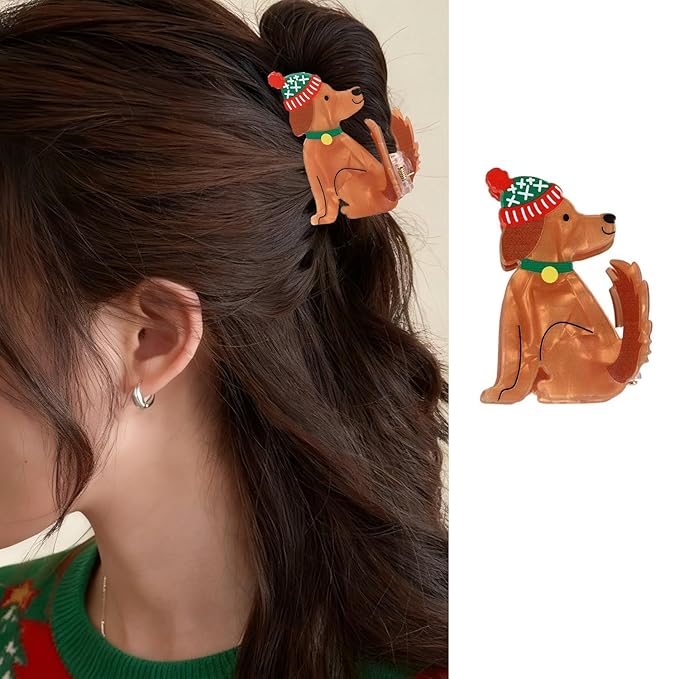 Christmas Hair Clips for Women, Cute Christmas Puppy Hair Claw Clips Funny Strong Hold Dog Jaw Clips with Hat Design Non-slip Animal Winter Hair Barrettes Xmas Hair Accessories Decoration