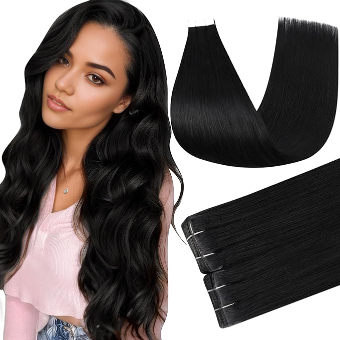 Full Shine Injected Tape ins Human Hair Extensions 16Inch Color 1 Jet Black Tape in Hair Extensions 40Gram 20PcsMachine Remy Skin Weft Seamless for Women Add Volume