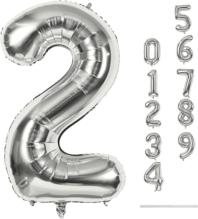 Silver Number Balloons, 40 inch Large Number 2 Foil Helium Balloons by Lingqiang