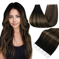 Full Shine Tape in Hair Extensions Human Hair 16 Inch Color 1B Off Black Ombre 6 Brown Highlight 1B Black Balayage 50g Double Sided Seamless Human Hair Extensions Tape in 20PCS for Party