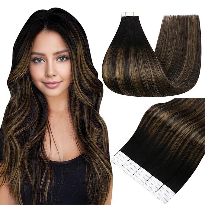 Full Shine Tape in Hair Extensions Human Hair 16 Inch Color 1B Off Black Ombre 6 Brown Highlight 1B Black Balayage 50g Double Sided Seamless Human Hair Extensions Tape in 20PCS for Party
