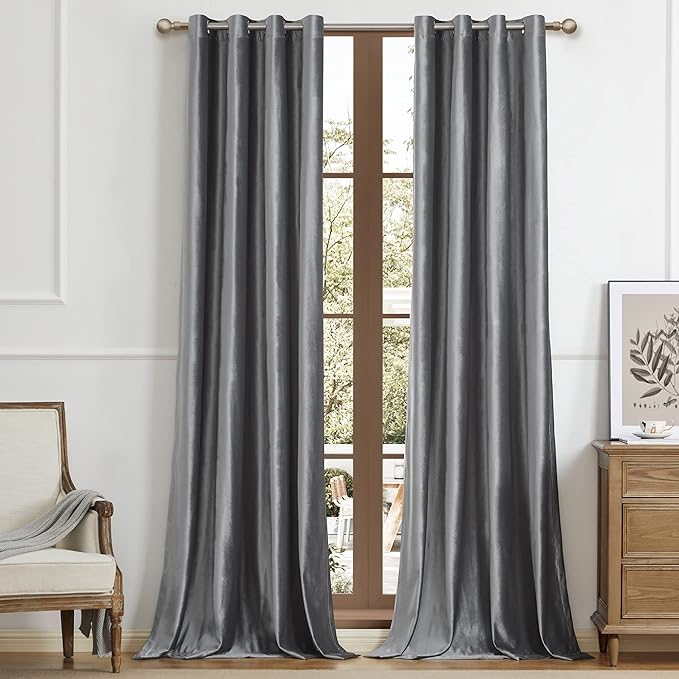 BULBUL Velvet Grey Grommet Blackout Curtains 84 inch Length by ModernShinyVelvetCurtains